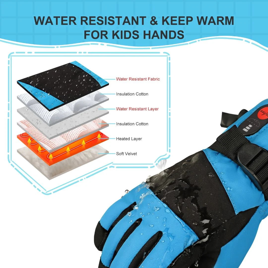 SNOWYES Kids Heated Ski Gloves, 3-Heat Settings, Rechargeable, Water Resistant, Windproof, Ideal for Skiing, Snowball Fights, Cycling