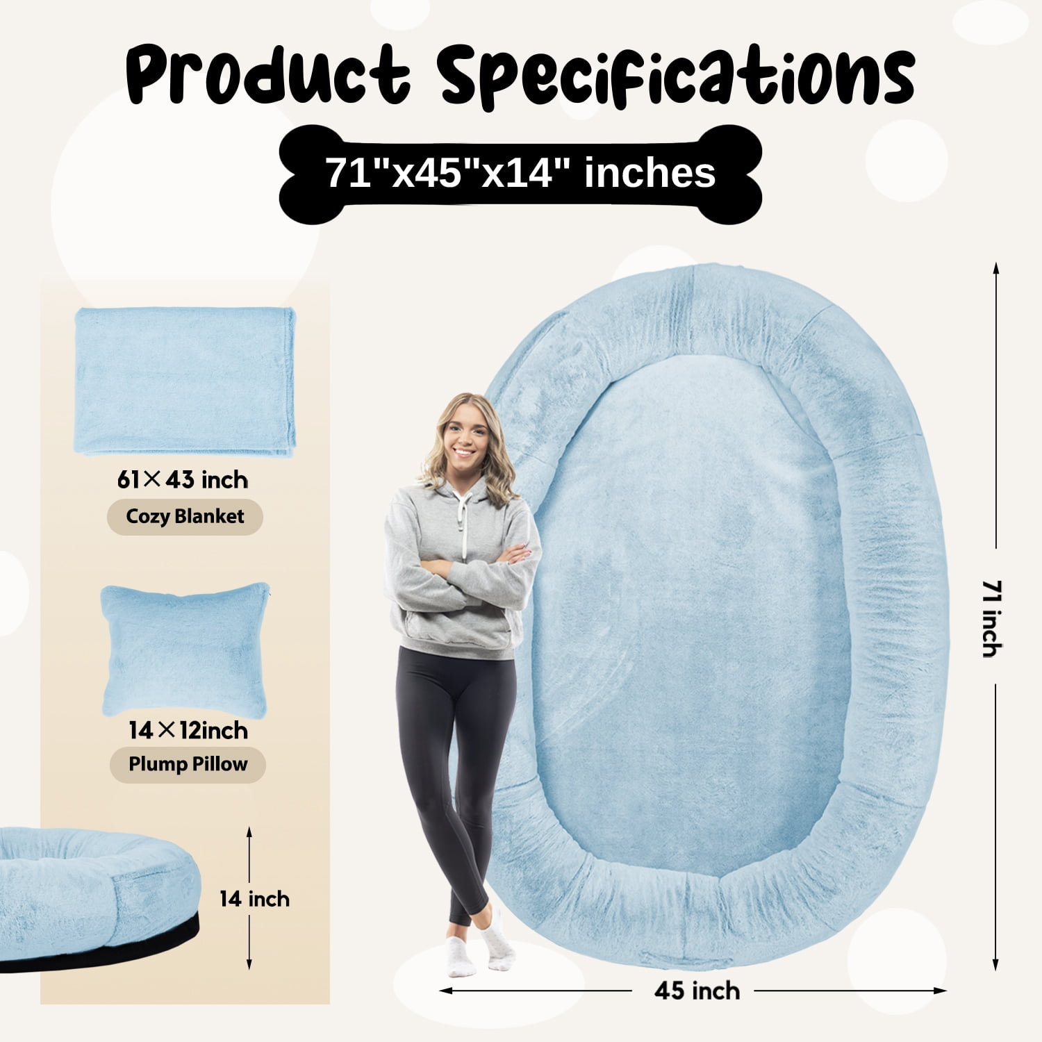Human Dog Bed for Pets and Adults, 71"x45"x14" Human Size Giant Dog Pets Bed, Washable Faux Fur Cover for Humans with Blanket and Pillow,blue
