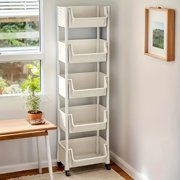 Extra Large 5-Tier Rolling Storage Cart with Wheels - White Plastic Multi-Layer Organizer for Living Room, Bedroom, Office, or Garage Space Optimization, Slim Rolling Storage Cart