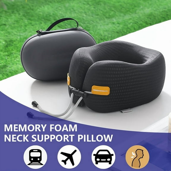 Ice Cool Memory Foam Neck Pillow – Ergonomic U-Shape for Airplane, Car & Home – Cervical Support with Carry Bag – Grey, Medium Soft