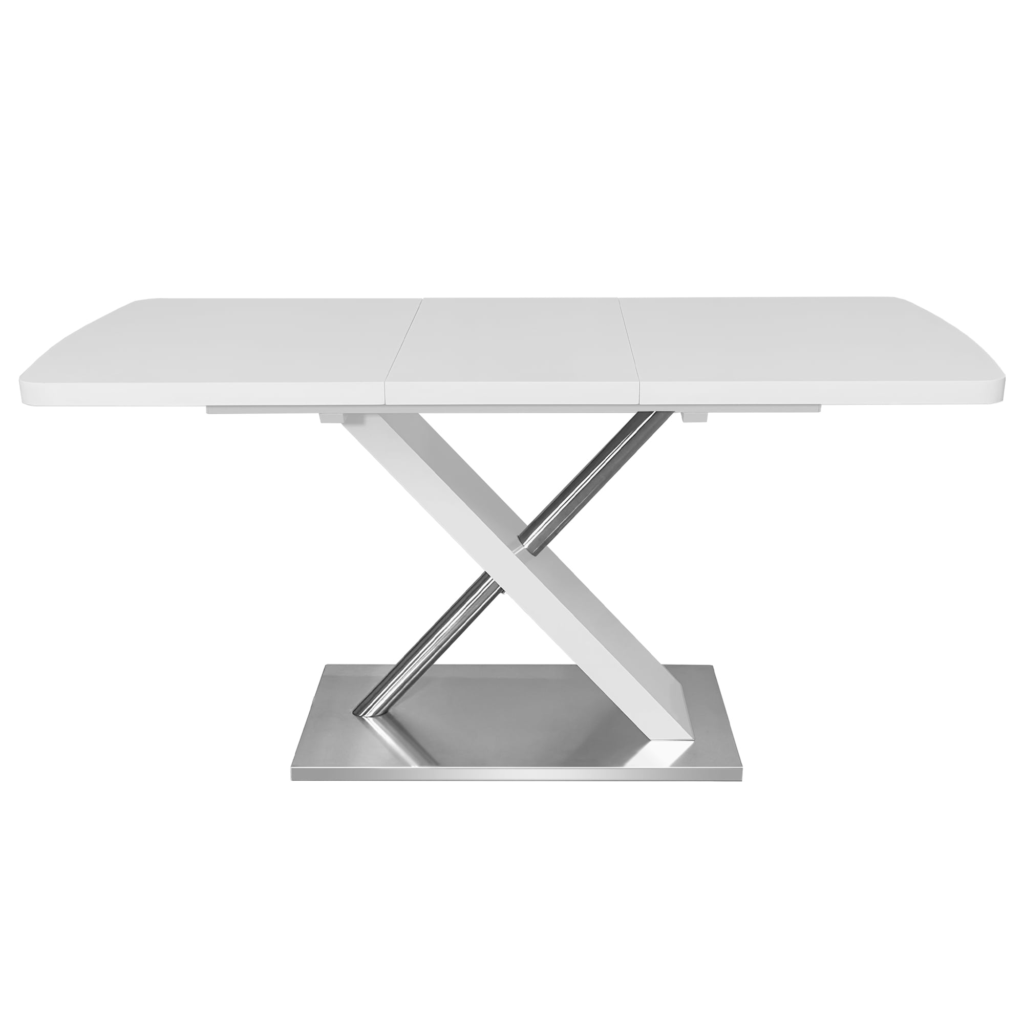 Glossy Dining Table for 4-6 People, 47.25"-63" Extendable Dining Table with Crossed Metal Base and Stainless Steel Tubes, Large Dining Table for Kitchen, (White)