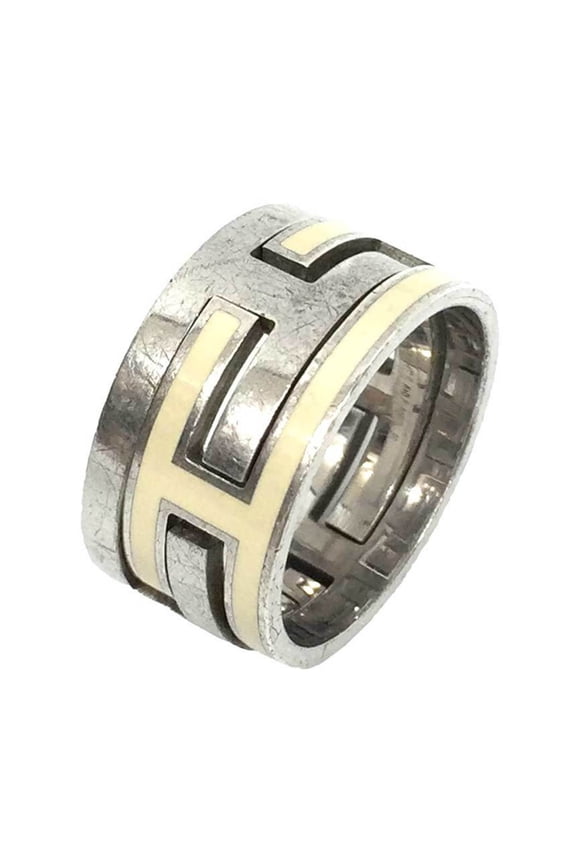 Pre-Owned Hermes Herms Move H Ash Ring #50 Silver and White AG925 with Lacquer (Good)