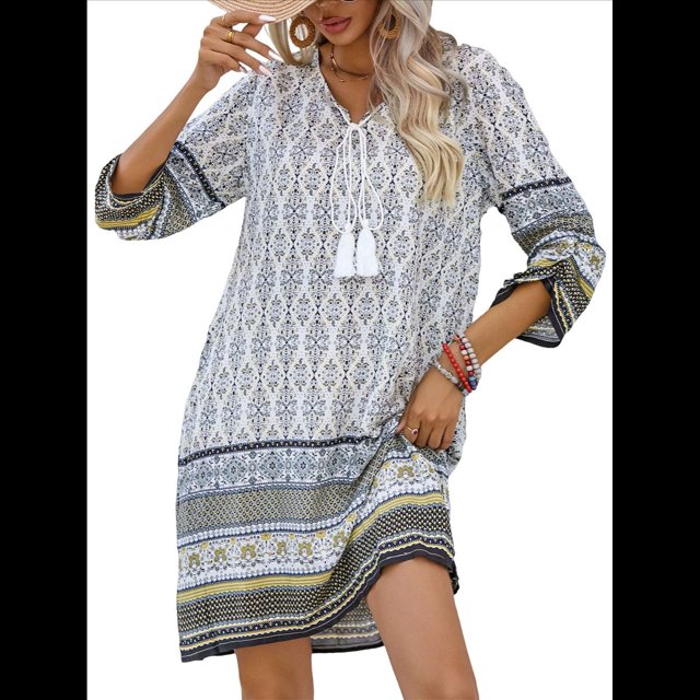 Vestido Informal de Verano para Mujer, Estilo Bohemio, con Borlas y Cuello Anudado, Larga 3/4, Estampado Floral Corto XL