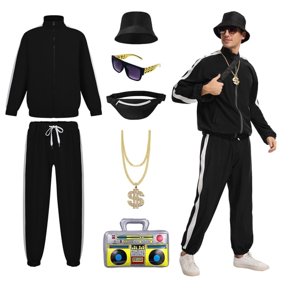 MYATED 80s 90s Outfit for Men Tracksuit Costume,Hip Hop Outfit Vintage Beach Tracksuit with Accessories for Themed Disco Party Costumes (Black,S)