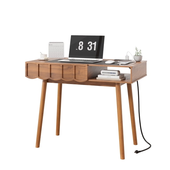 Mid-Century Modern Wood Writing Desk with Built-in Power Strip, Spacious Legroom Design, Storage Drawer & Open Shelf, Ideal for Home Office and Study Room