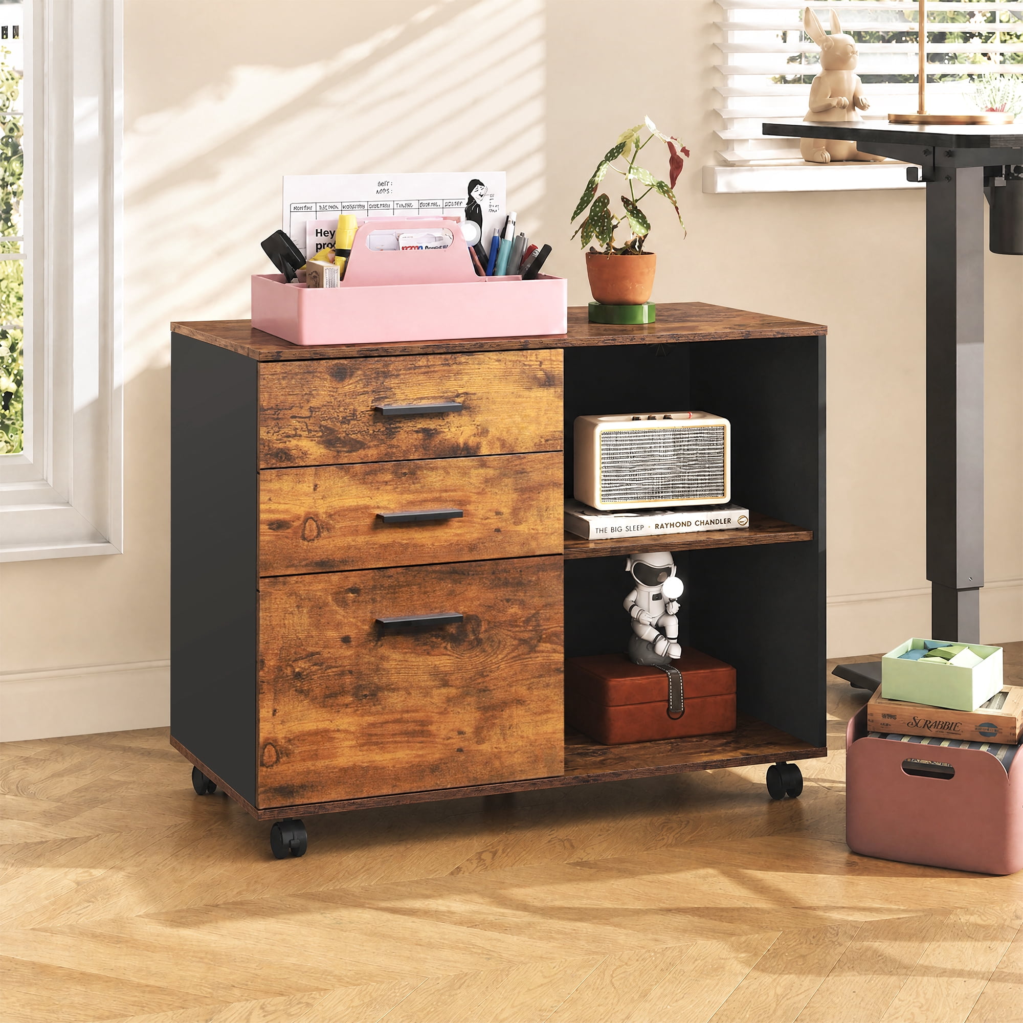 GALAXHERO 3-Drawer Filing Cabinet, Mobile Lateral File Cabinet, Printer Stand with Open Shelves, Wood Office Cabinet, Rustic Brown