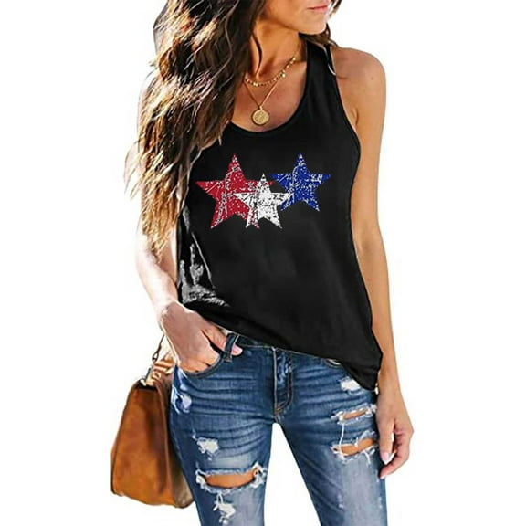 Dianli 4th of July Tshirt Graphic Summer Outfits for Women T-Shirts Crew Neck Bohemian Loose Fit Sleeveless Casual Tank Tops Regular Patriotic Shirts for Women Summer Saving Black XXL