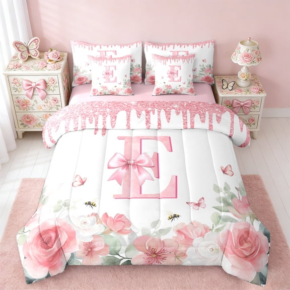 jejeloiu Monogrammed E Twin Bedding Sets 7-Piece,Retro Flower Butterfly Bedding Comforter Set,White Pink Bow Sheet Sets For Girl,Microfiber Room Decorative Reversible