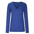 thumbnail image 3 of XFLWAM Women Solid Color Shirts Deep V-Neck Long Sleeve Casual Slouchy Loose Blouses Faux Button Lightweight Pullover Top Blue XL, 3 of 4