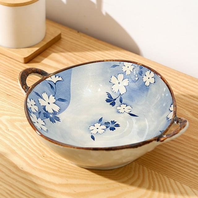 Oleegame 1PC Stainless Steel Cutlery Set Pasta Bowl Dinnerware For Kitchen With Double Handles Rustic Porcelain Pasta Bowl Japanese For Cereal Pasta Ramen Salad And Soup Underglaze Print