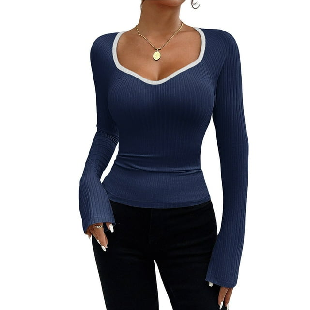 Camiseta de Larga con Cuello Redondo Estilo Y2K para Mujer, de Color Liso, Ideal para , Otoño e Invierno. para un Look Casual de Negocios. Azul Marino L