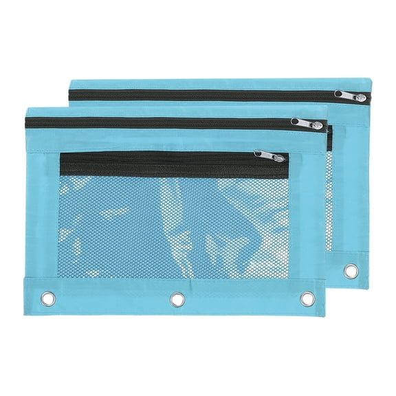 Uxcell Pencil Pouch for 3 Rings Binder, 2 Pack Oxford Cloth Mesh Zipper Binder Pouch Pencil Case Sky Blue