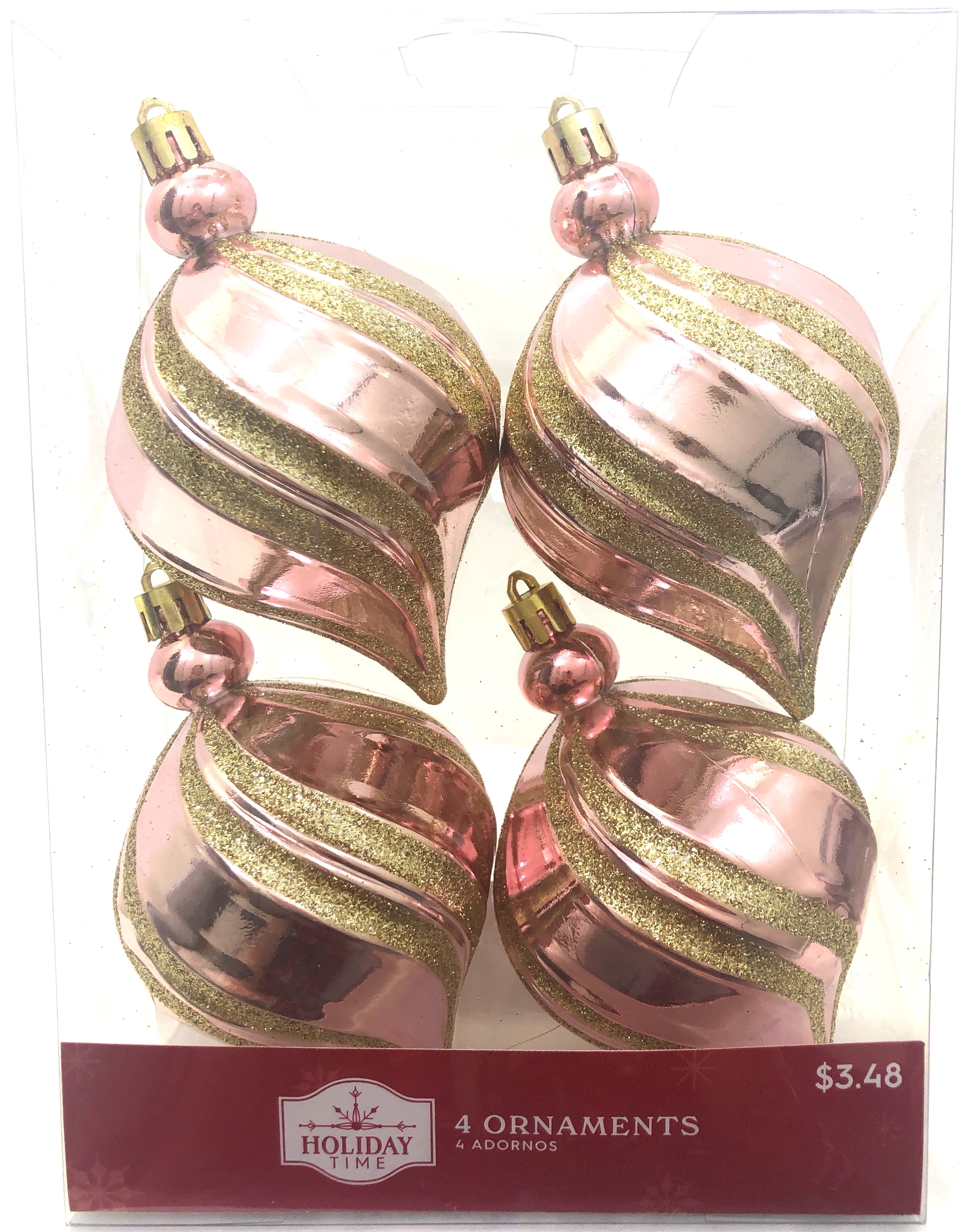 Holiday Time, Pink Large Finial Christmas Shatterproof Ornaments , 4 Count