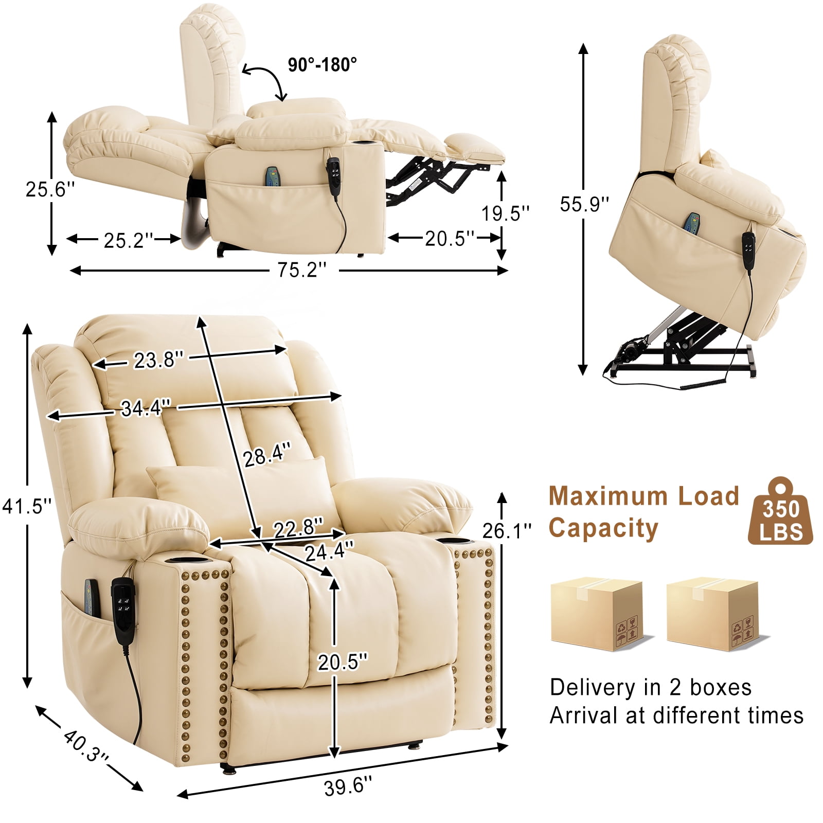 INGALIK Dual Motor Power Lift Recliner Chair, Infinite Position Lay Flat Recliners for Adult & Elderly with Heat & Massage, Cup Holder, Type-C Charge for Living Room, Leather (Beige)