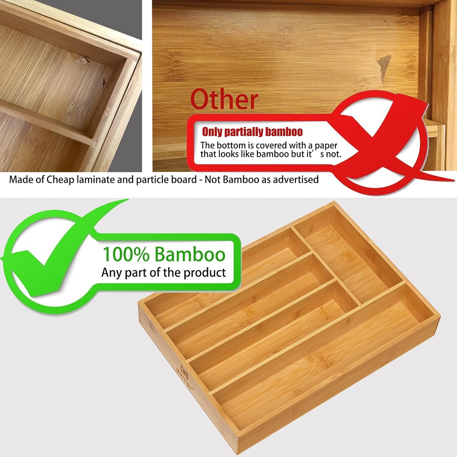 AP Kitchen Bamboo Silverware Drawer Organizer，Silverware Organizer and Cutlery Tray with Grooved Drawer Dividers for Silverware, Knives in Kitchen, Bedroom (5 Slot-Natural)