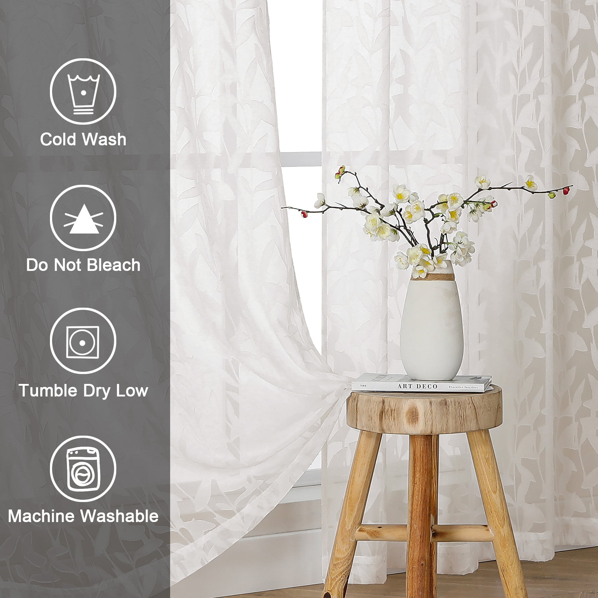 OVZME Leila Extra Long 120 Inch Length Sheer Curtains 2 Panels Ivory, Jacquard Leaf Textured Semi-Sheer Drapes, Farmhouse Style with Rod Pocket for Living Room Bedroom, 52" W x 120" L, Ivory