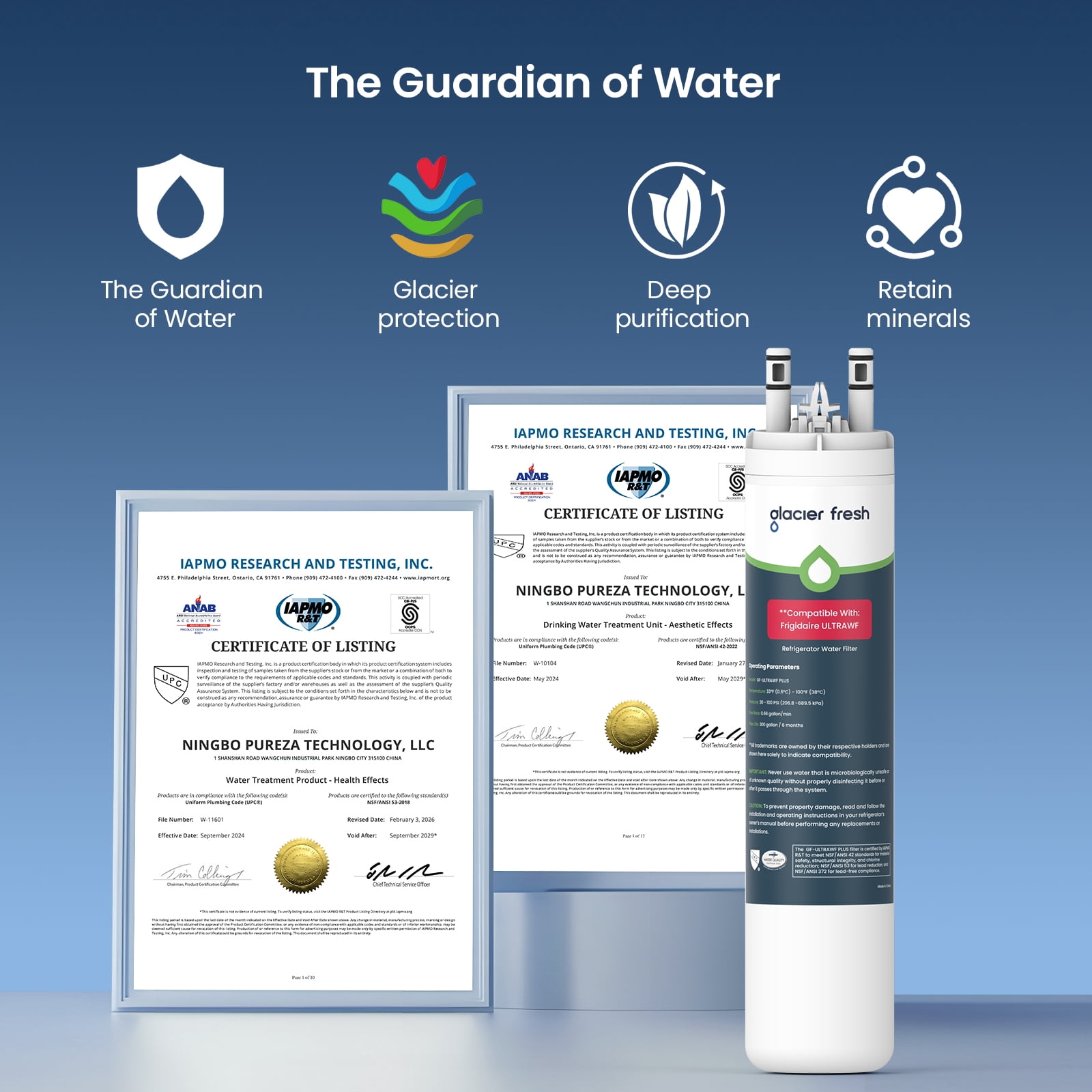 GLACIER FRESH ULTRAWF Refrigerator Water Filter, NSF/ANSI 53 & 372 Certified, Compatible with Frigidaire Pure Source Ultra, Kenmore 9999, 469999, 46-9999, A0094E28261, 4 Pack