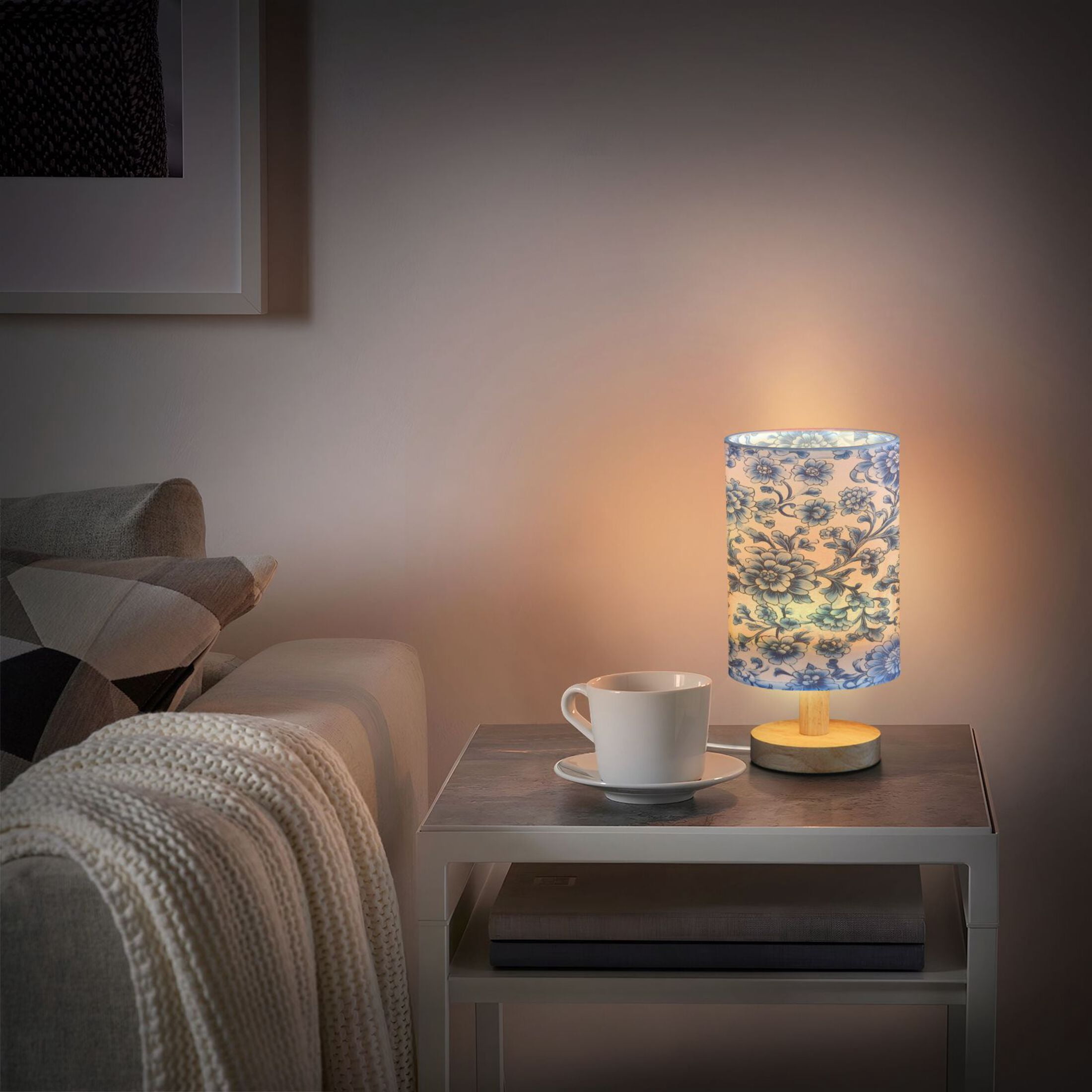 Blue and White Porcelain USB Powered Canvas Shade Desk Lamp LED Light with Stable Base for Home and Office