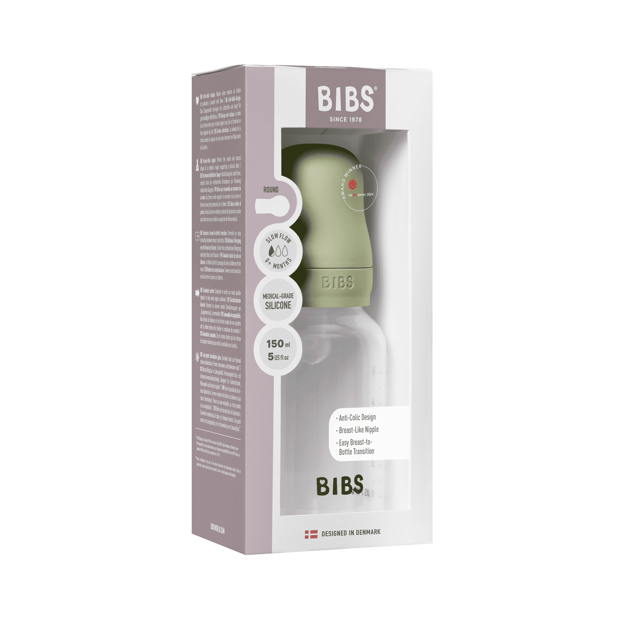 BIBS Baby Bottle with Slow Flow Silicone Nipple, Sage, 5 oz, 1 Each