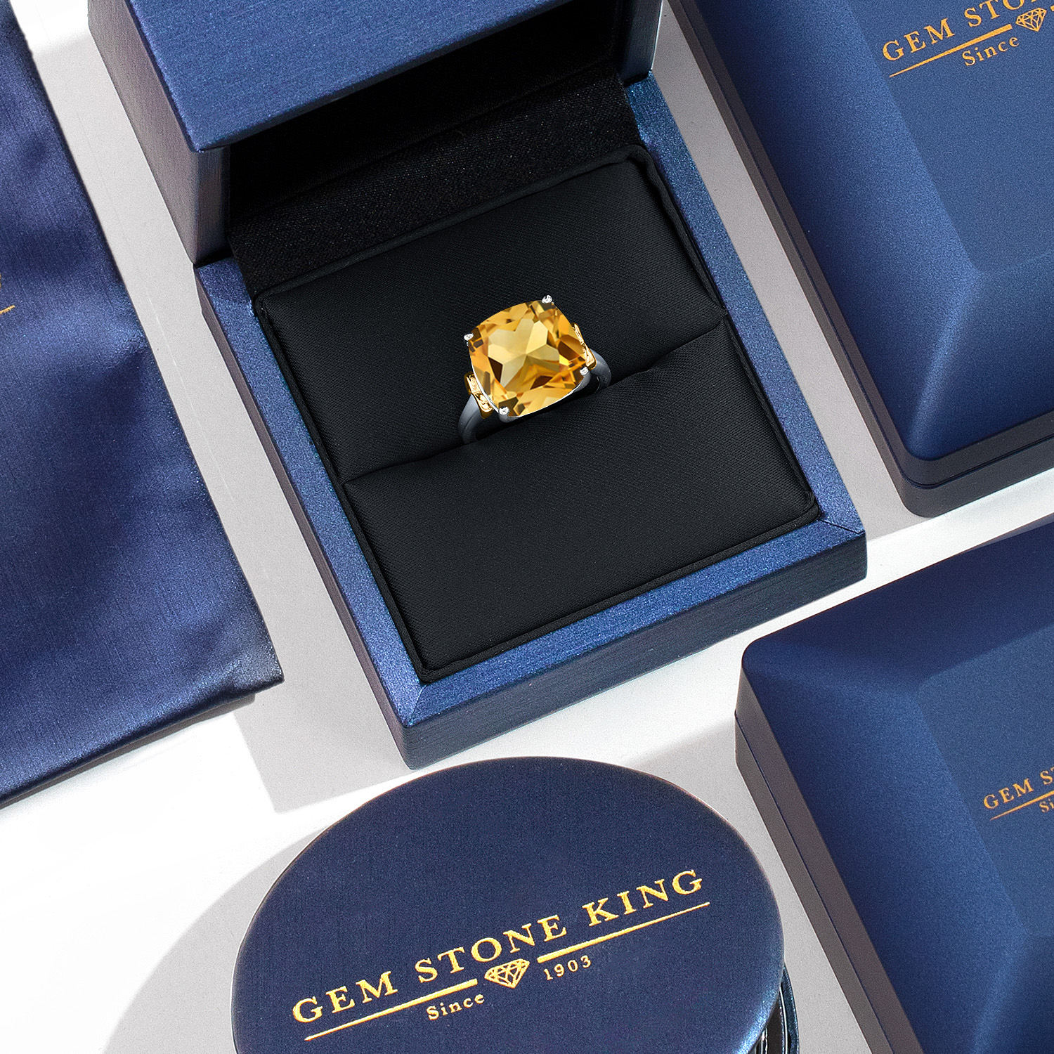 Gem Stone King 925 Silver and 10K Yellow Gold Yellow Citrine Solitaire Engagement Ring for Women | 6.50 Cttw | Cushion 12MM | Gemstone November Birthstone | Size 9