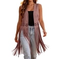 thumbnail image 2 of Chiccall Women's Solid Faux Suede Fringe Vest, Sleeveless Open Front Long Cardigan Vest, Western Cowboy Style Tassel Sleeveless Layering Jacket, 2 of 10