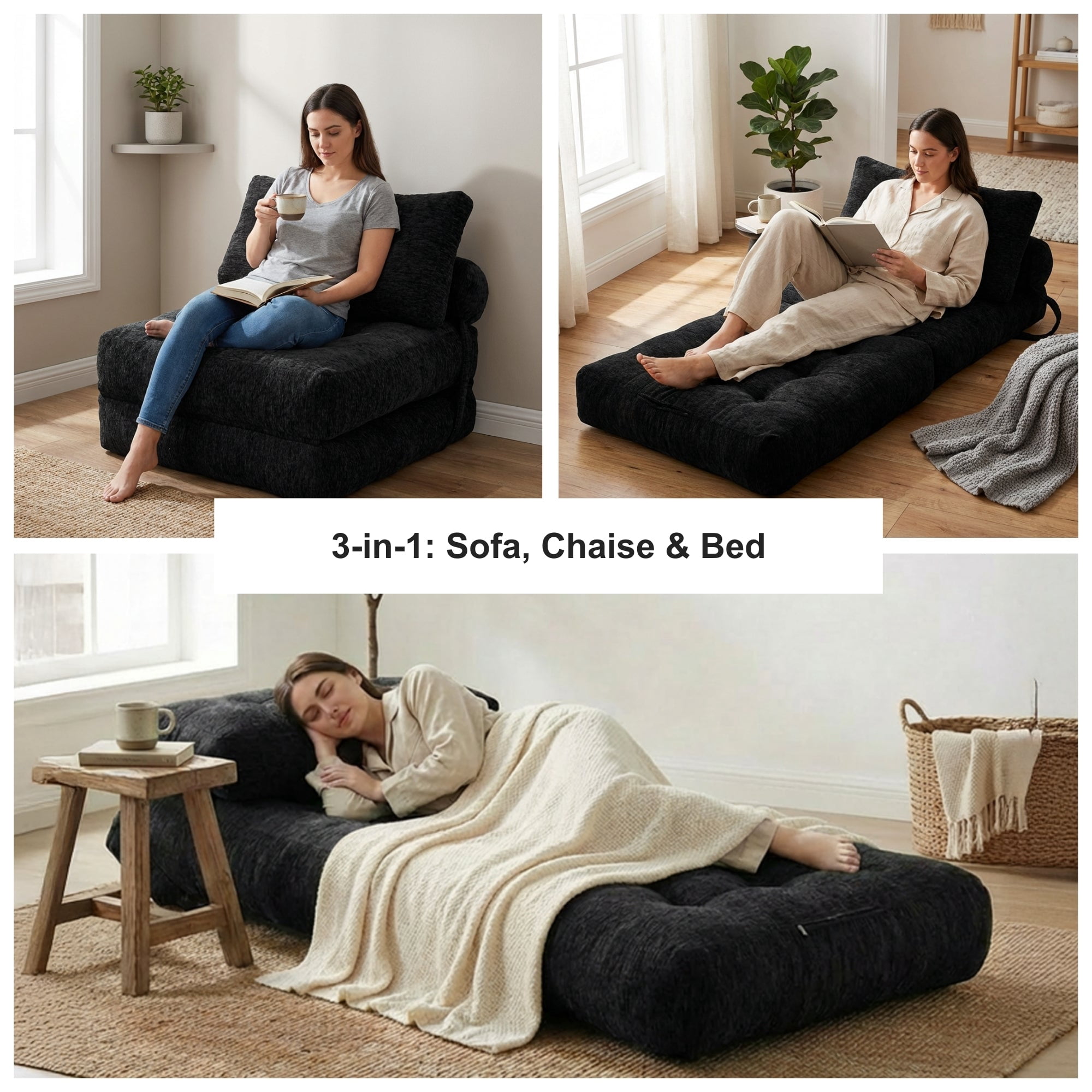 Oak and Birch Boneless Folding Sofa Bed, Convertible Floor Futon Chaise Lounge & Sleeper Bed, Shredded Foam Floor Couch for Living Room, Bedroom, Kids Room, Apartment, Chenille, Black