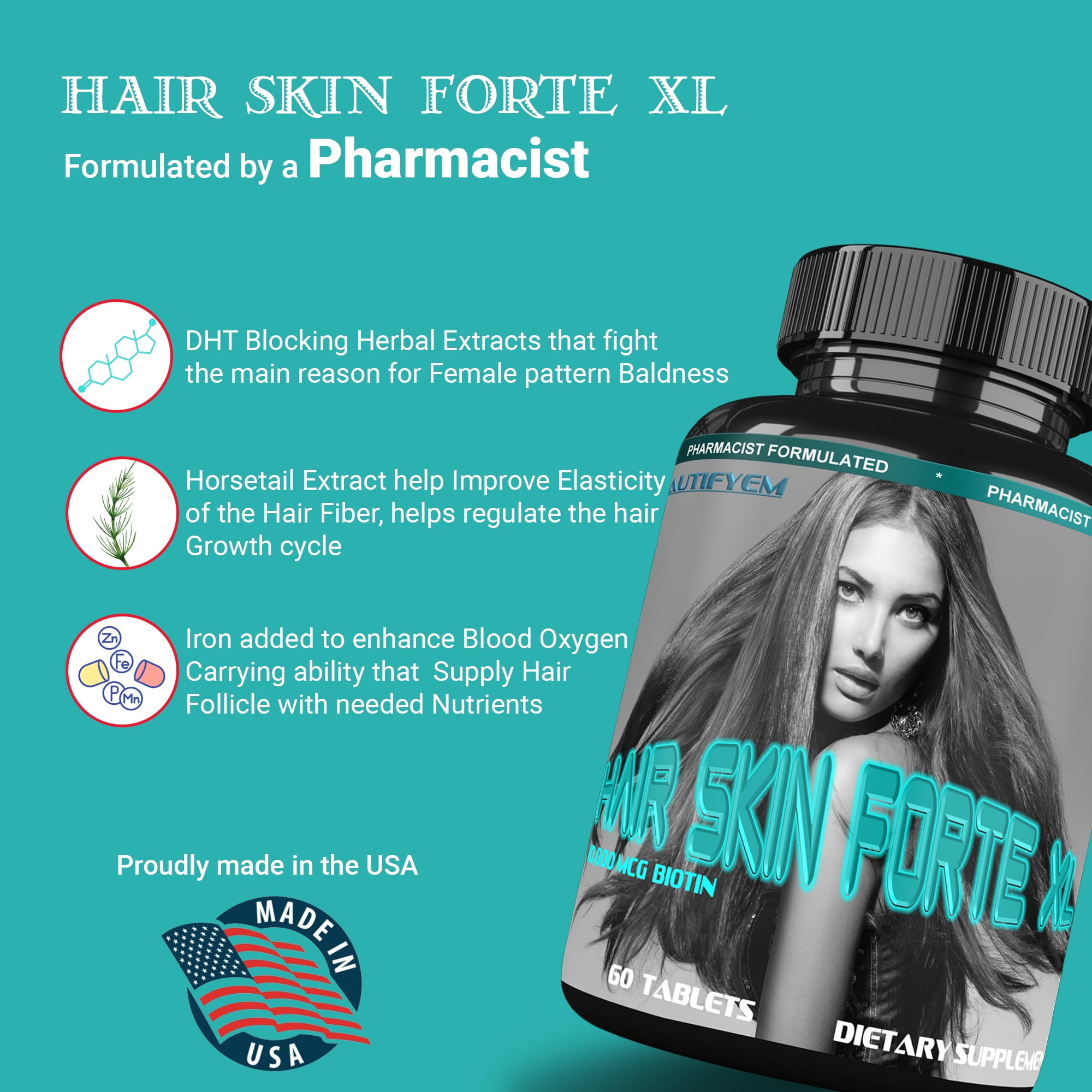 HAIR SKIN FORTE XL  Hair Growth Supplement | Hair Skin Vitamins | 10000 mcg Biotin | Collagen | Fuller, Thicker Healthy Hair | Women Hair Growth Supplement | Tight and Younger Skin. 90 Tablets