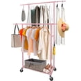 thumbnail image 5 of Portable Pink Double Rods Garment Rack with Rolling Clothes Organizer on Lockable Wheels Mobile for Gilr Women, 48" W x 15" D x 67" H, Metal Simple Hanging Clothes with 2 Hook, 5 of 8