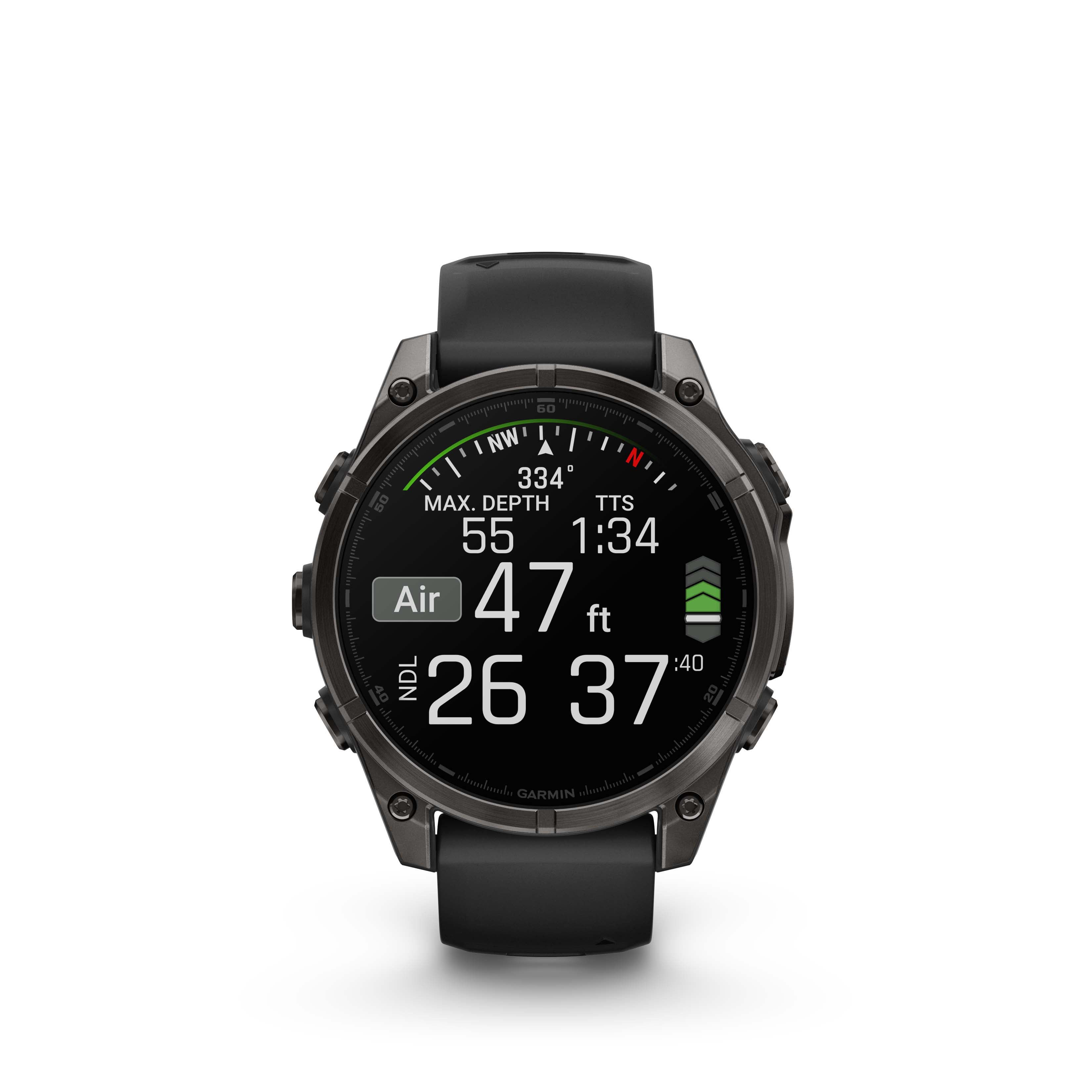 Montre intelligente GPS Garmin fēnix® 8 avec écran AMOLED et objectif saphir - 47 mm - Lunette en titane DLC gris carbone avec bracelet en silicone noir/gris galet
