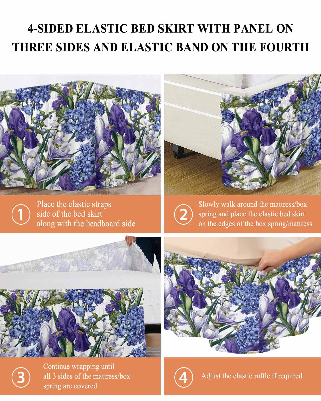 Spring Flower Bed Skirt Queen Size 16 Inch Drop, Retro Blue Hydrangea Purple White Floral Green Leaf Adjustable Elastic Dust Ruffles Bedskirt for Queen Bed Wrap Around Pleated Mattress Frame Cover