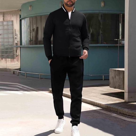 Handshe Men's Sportswear Set, Solid Color Casual Loose Fit with Zipper Pockets and Drawstring Trousers, Long Sleeve Stand Collar Pullover for Outdoor Activities and Daily Wear