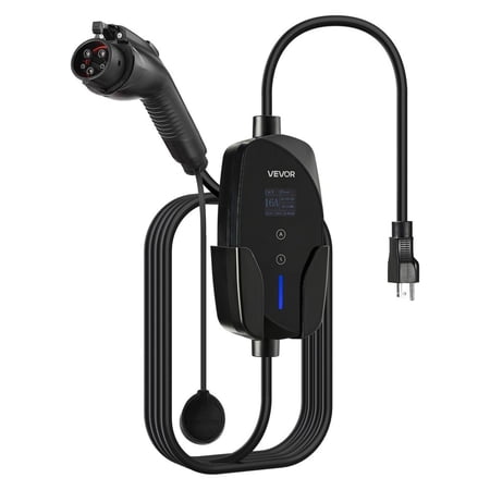Level 1&2 EV Charger, 16 Amp Adjustable Current, Electric Vehicle Portable Charger with 25 ft Cable, 120V-240V, NEMA 6-20P Plug NEMA 5-15 Adapter, LCD, Home Car Charging Station for SAE J1772 EV