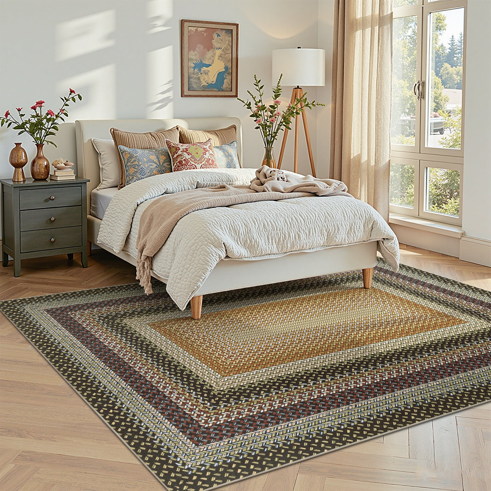 Braided Jute Print Area Rug Washable Non-Slip Pet Friendly Carpet with Concentric Design, Stain Resistant for Living Room, Bedroom & Home Office