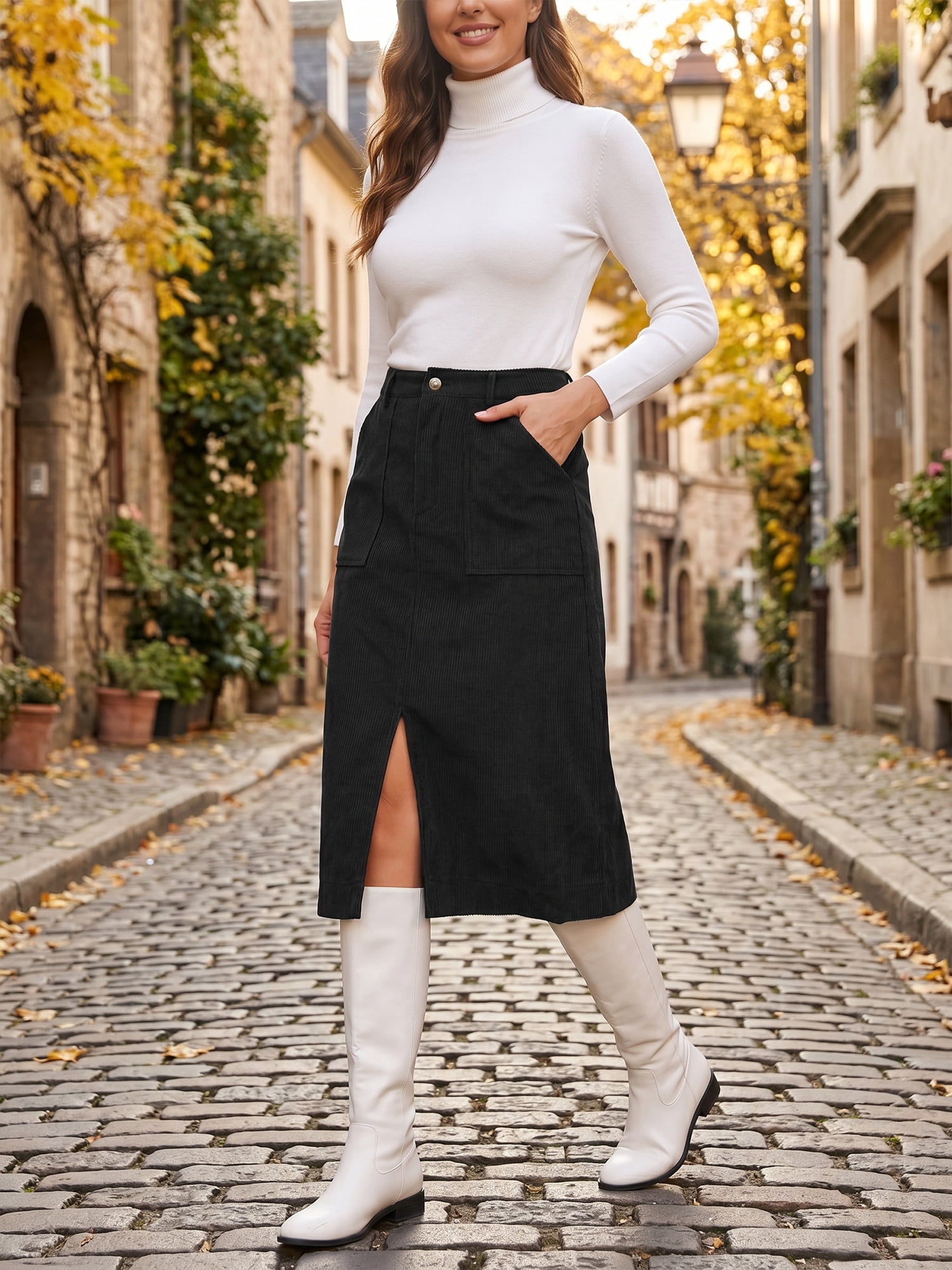 DARING DIVA Women's Corduroy Midi Skirt High Waist A-Line Skirts S Black