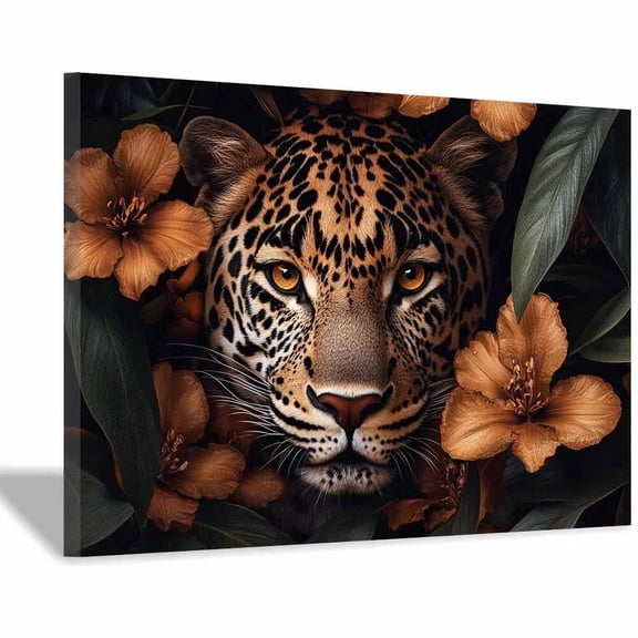 Mudket Framed Leopard with Orange Flowers Canvas Wall Art, Dark Jungle Leopard Print Wall Decor for Office, Trendy Animal Wall Art, Ready to Hang - 12"L x 8"W