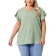 thumbnail image 1 of Blusas de verano casuales de talla grande para mujer Agnes Orinda, con textura, cuello en V con muesca y mangas con volantes, 1X, verde, 1 of 6