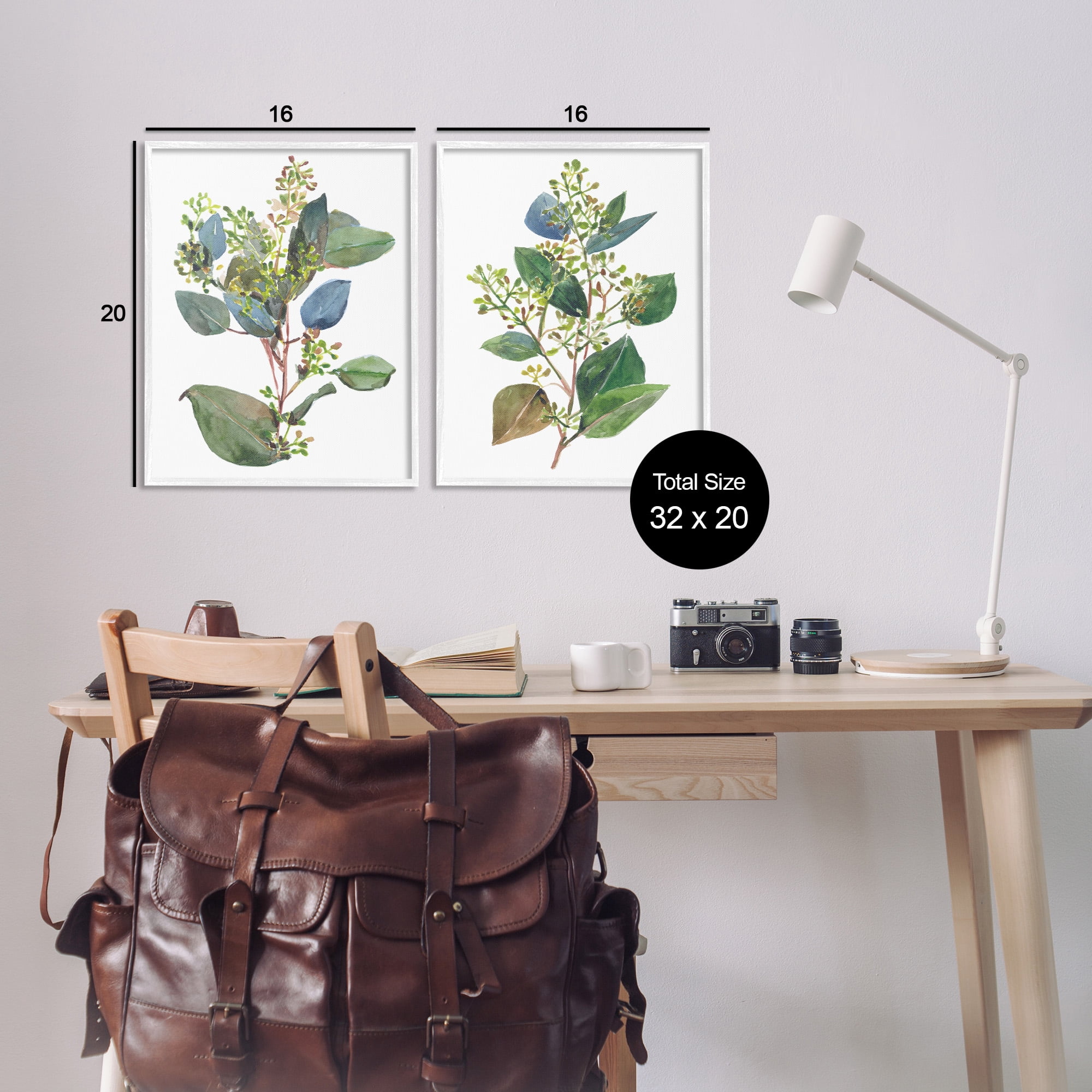 Stupell Industries Soft Eucalyptus Plant Ombre Leaves Botanical & Floral Painting White Framed Art Print Wall Art, 16 x 20, Set of 2