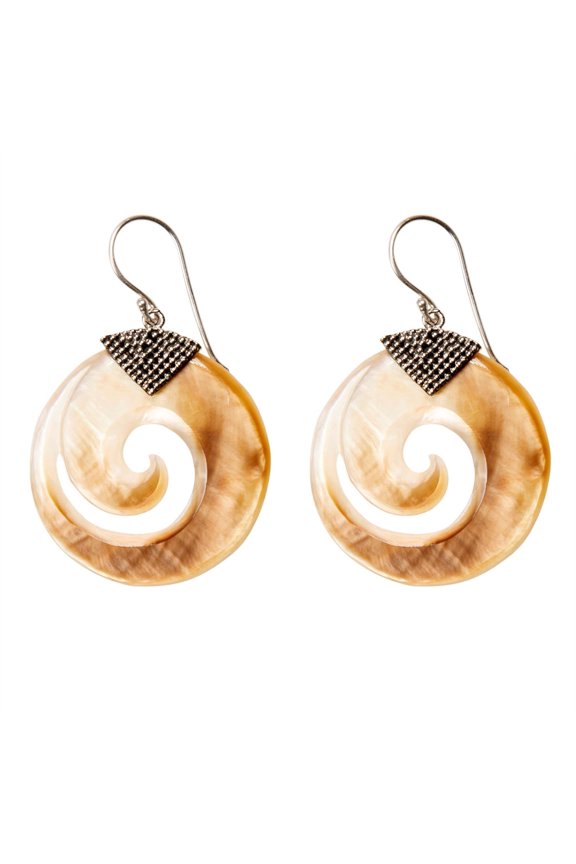 Women's 925 Sterling Silver Mother of Pearl Maori Koru Tribal Dangle Earrings