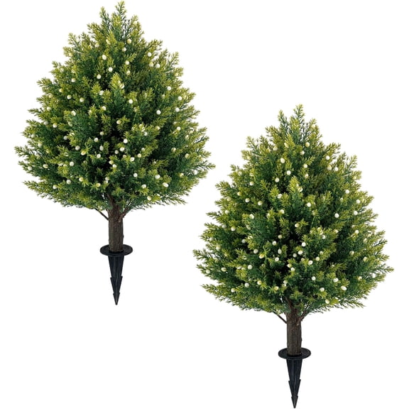 21'' Artificial White Berries Topiary Ball Trees with Ground Spike, UV Resistant Fake Plant Brush, 2 Pack Artificial Cedar Shrubs for Outdoor Indoor Front Porch Garden