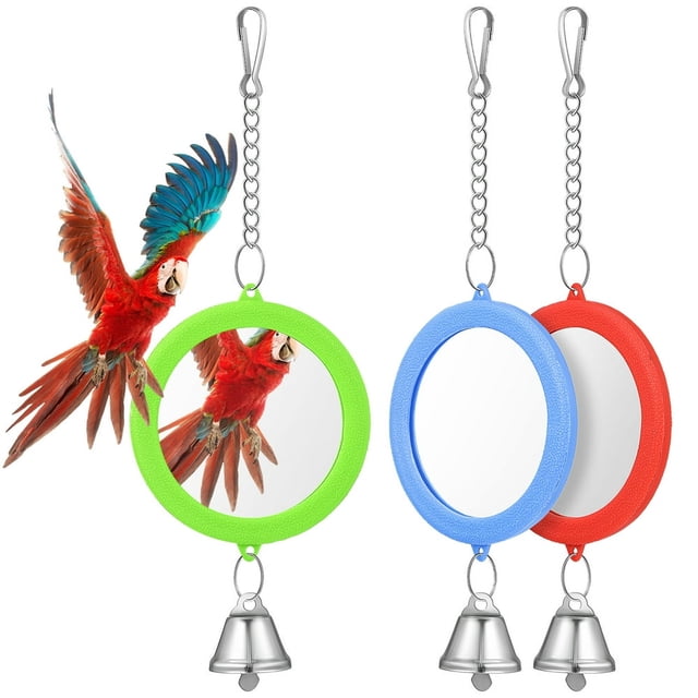 CUITING 3 Pcs Bird Mirrors with Bell Round Double-side Mirror Interactive Toys for Parrot Cockatiel Parakeets Canaries Budgie Cage Accessories