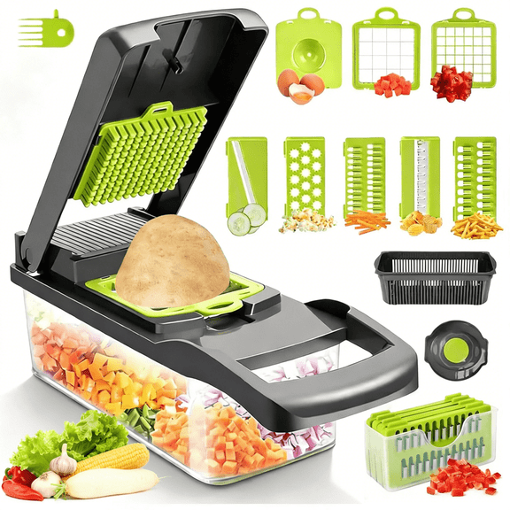 10-in-1 Vegetable Chopper Mandoline Slicer, 8 Blade Food Cutter with Colander Basket & Storage Case