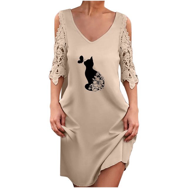 Vestidos de manga corta con hombros descubiertos y encaje con cuello en V estampado sexy de verano para mujer Fridja bnh5631