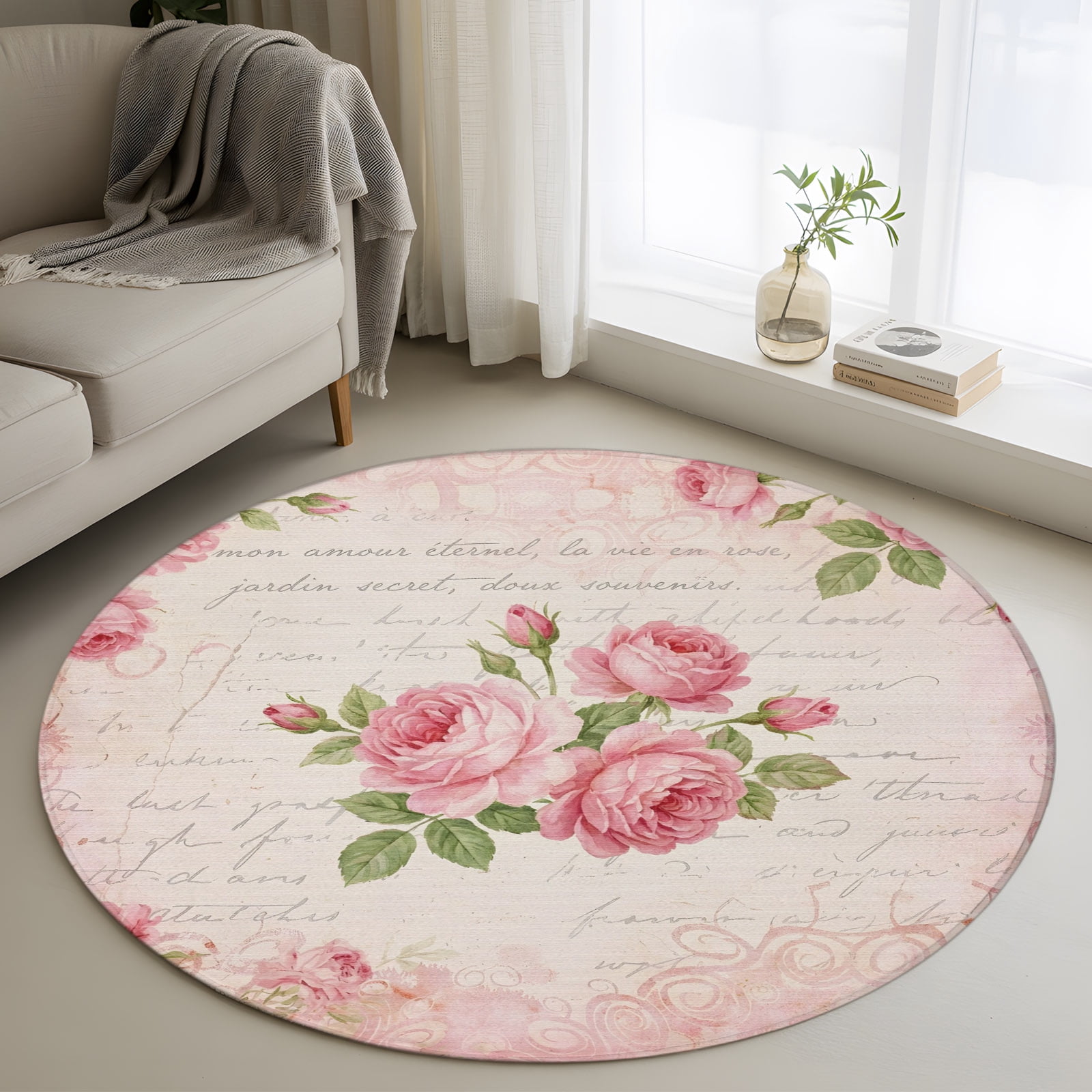 Botanical Roses Round Rug 4ft Washable Circle Entryway Rugs Non
