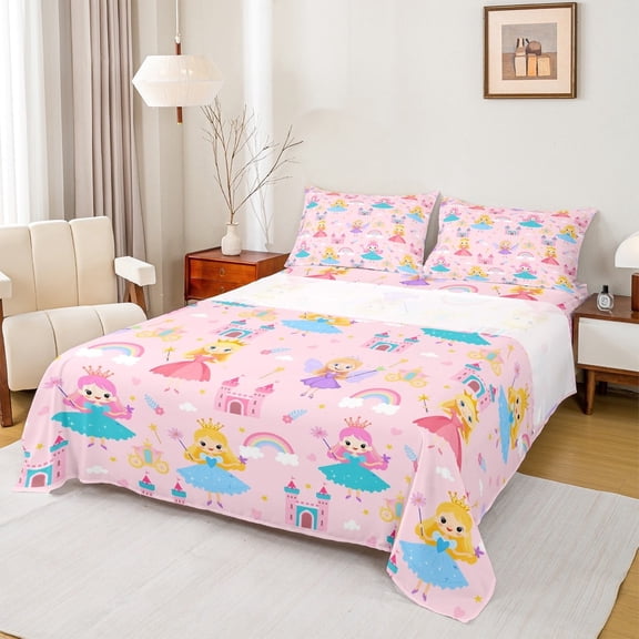 Erosebridal Magical Cartoon Princess Bed Sheets Twin,Fairy Tale Castle Bedding Sets Twin Size,Pink Rainbow Floral Sheet Set Twin,Lightweight Bedroom Decor,3 Pieces