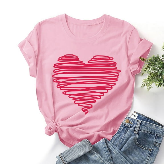 EQWLJWE Plus Size Valentine's Day Shirts for Women Cute Love Heart Print Graphic Solid Color Short Sleeve Pullover Tees Teacher Valentine Shirt Summer Casual Tops Pink(S-3Xl)