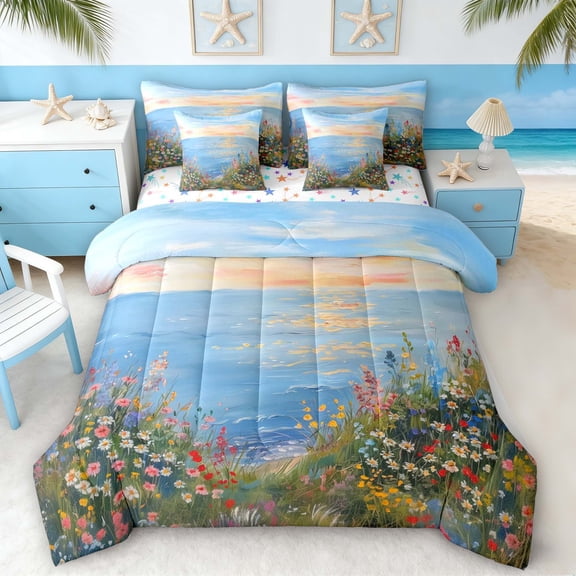 Manfei Oil Painting Coastal Wildflower Twin Bedding Sets for Kids Boys and Girls, Blue Ocean Bedding Comforter Set, Stars Reversible 7pcs