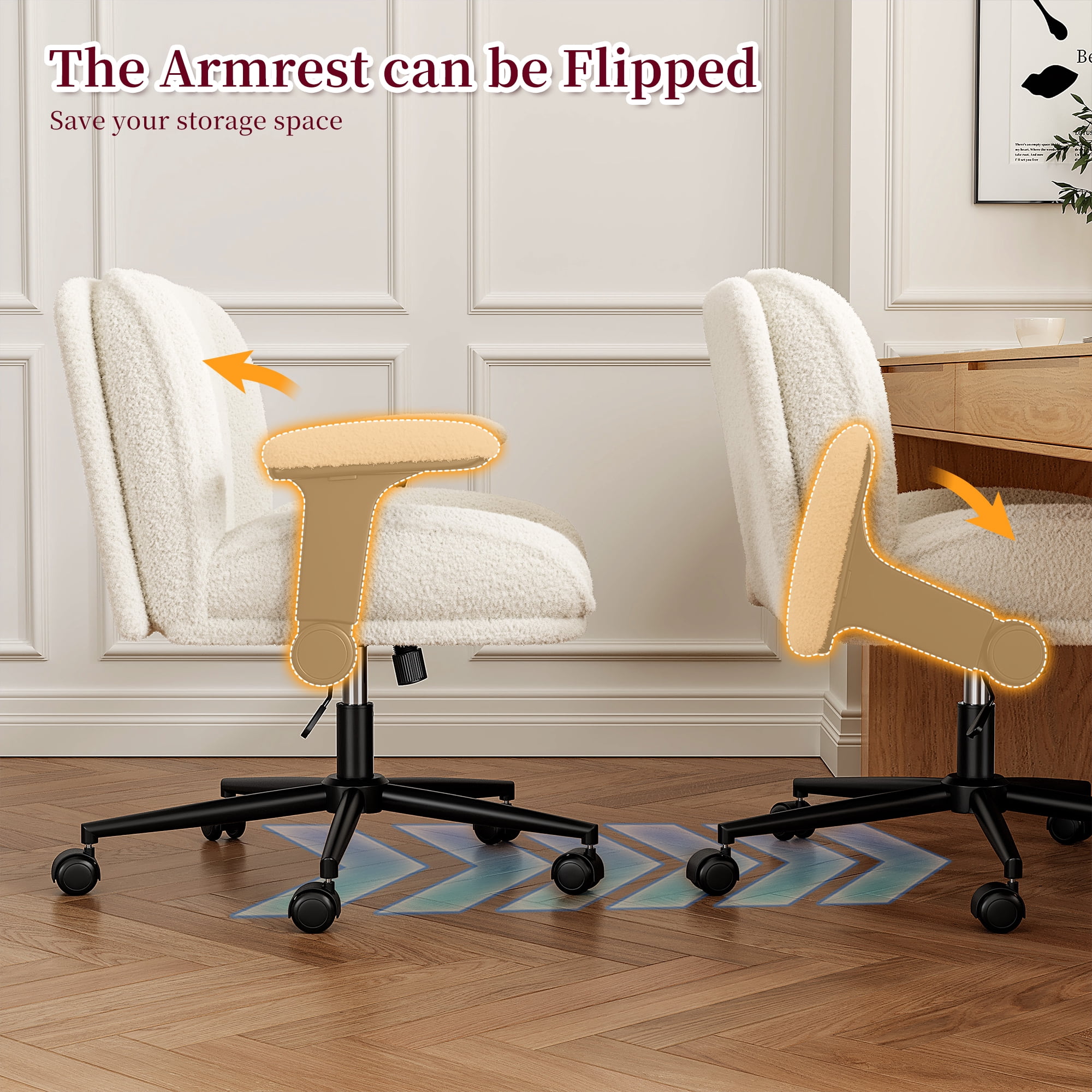 Romorgniz Criss Cross Chair with Adjustable Arms & Lumbar Support Office Chair with Reclining Back, Thick Cushion & Wheels for Office, Gaming, Reading, Vanity, Off-White