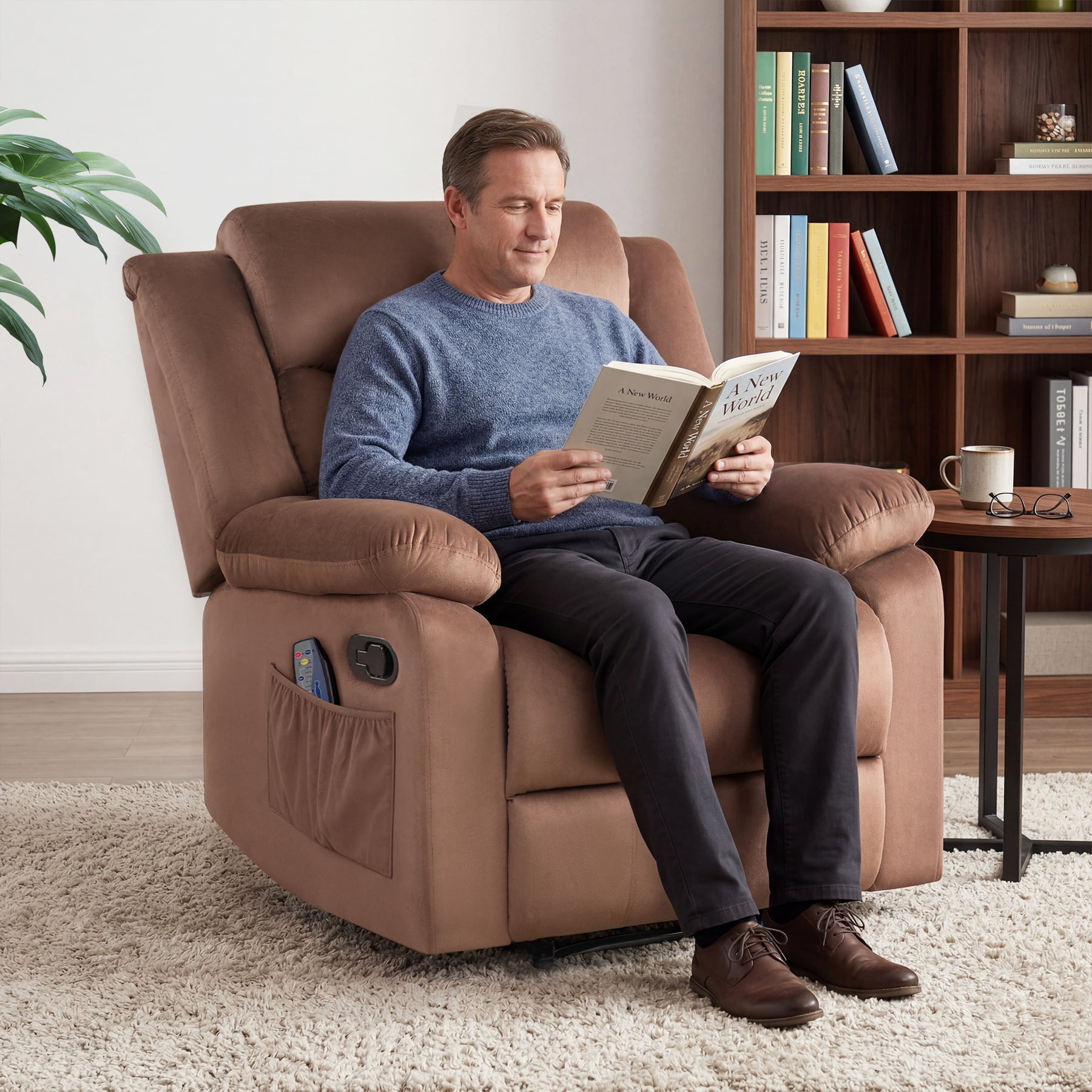Bonzy Home Modern Comfort Reclining Chair, Breathable Fabric Recliner Chairs with Massage & Heating, Brown