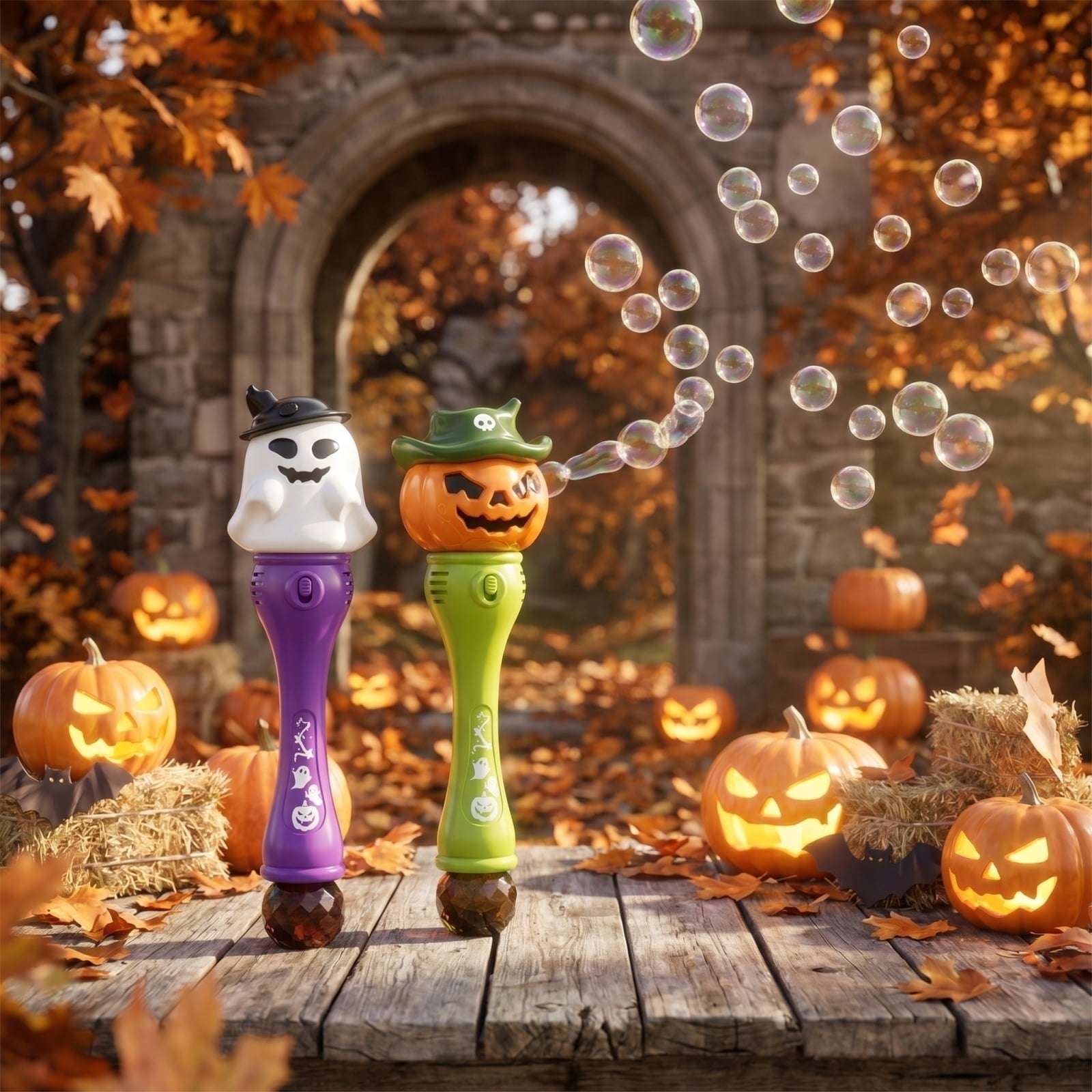 Halloween Pumpkin Bubble Wand with Lights and Music, Cartoon Ghost Bubble Blower Machine with 80ml Solution and USB Rechargeable ABS Handle, Party Favor Interactive Fun(Ghost)