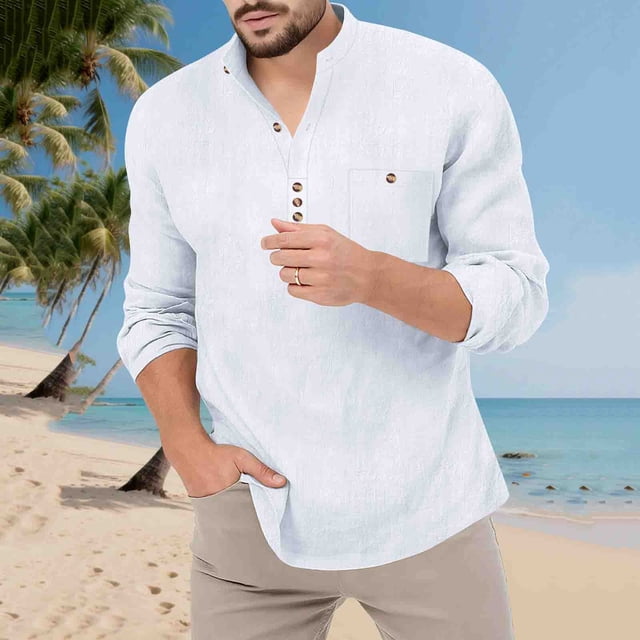 Blusa y camisa de manga larga con cuello alto para hombre, color liso, informal, a la moda, con botones, deportiva, de manga larga, con cuello alto, blusas de poliéster para hombre